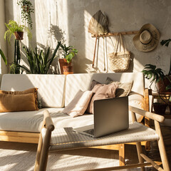 Boho style modern home interior design. Laptop, sofa, pillows, home plants, carpet and decorations against concrete wall. Bohemian sitting room with warm sun light shadows on the wall.
