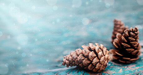 Christmas cones on a green wooden surface. selective focus