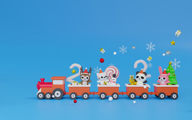 3d rendering character on train minimal theme Merry christmas and happy new year 2021.