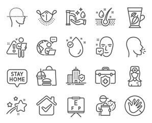 Medical icons set. Included icon as Face accepted, Stay home, Vitamin e signs. Face scanning, Oculist doctor, Serum oil symbols. Washing hands, Cough, Mint leaves. Medical mask line icons. Vector