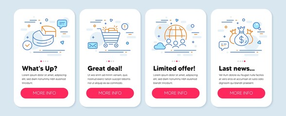 Set of line icons, such as Shopping cart, Pie chart, Global business symbols. Mobile app mockup banners. Check investment line icons. Gifts, 3d graph, Outsourcing. Business report. Vector