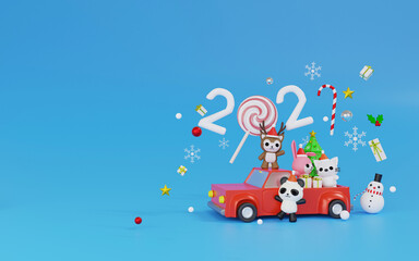 Obraz na płótnie Canvas 3d rendering character on red car minimal theme Merry christmas and happy new year 2021.