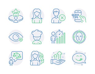 People icons set. Included icon as Vip table, Analysis graph, Face detect signs. Women headhunting, Remove account, Farsightedness symbols. Woman, Cooking chef, Business statistics. Lawyer. Vector