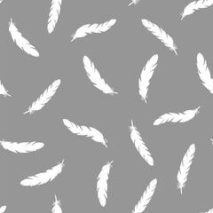 White feathers seamless pattern on gray background.