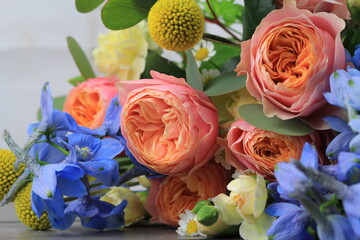 Vibrant Wedding Gift Bouquet Coral Blue Yellow Roses