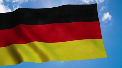 Naklejka premium Germany flag waving in the wind, blue sky background. 3d rendering
