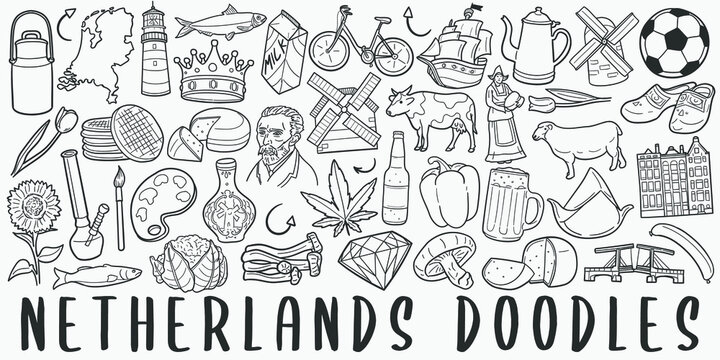 Netherlands doodle icon set. Travel Style Vector illustration collection. Banner Hand drawn Line art style.