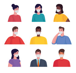 group of interracial people wearing medical masks characters vector illustration design
