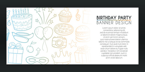 Happy Birthday Banner Doodles. Party Background Hand drawn. Family and Frineds  illustration. Sea Vector Horizontal Design.