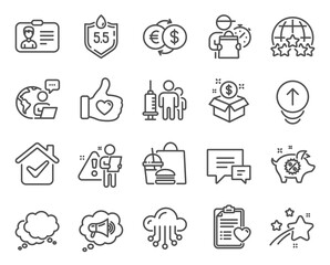 Business icons set. Included icon as Speech bubble, Post package, Cloud storage signs. Piggy sale, Ph neutral, Like hand symbols. Patient history, Comment, Medical vaccination. Swipe up. Vector