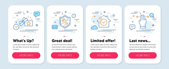 Set of Technology icons, such as Spanner, House security, Loyalty gift symbols. Mobile app mockup banners. Multitasking gesture line icons. Repair service, Smart home, Bonus award. Swipe. Vector