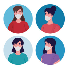 group of women wearing medical masks characters vector illustration design