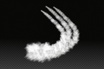Smoke from space rocket launch or plane.Sky contrail rocket condensation trailing.Smoky effect after  flight airliner or aircraft.Realistic vector isolated set.
