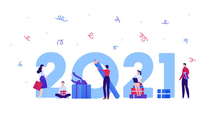 New year celebration concept. Vector flat people illustration. Banner template. Group of man and woman with giftbox, laptop, shopping bag. 2021 text on background.