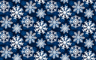 Beautiful different white snowflakes isolated on dark blue background. Cute Christmas seamless pattern. Template for wrapping paper, packaging. Vector flat graphic illustration. Texture.