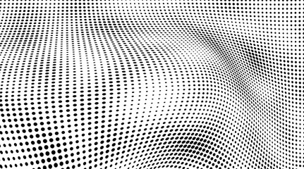 The halftone texture is monochrome. A wave of dots. Abstract black and white texture. Ink dots randomly placed on a white background. Pop art texture for printing on wrapping paper, business cards