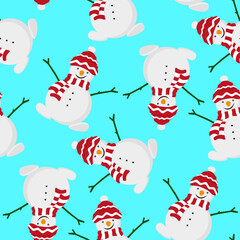 Cheerful white snowmen in a hat and scarf isolated on a blue background. Cute festive seamless pattern. Vector flat graphic hand drawn illustration. Texture.