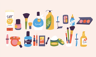 Vector illustration various of cosmetics. Face and body care cosmatics products. Cleansing, moisturizing, treating. Natural eco friendly composition.