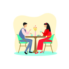 A man and a woman are sitting at a table and drinking tea in a cafe, talking, friends, love. Colored illustration, flat design
