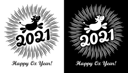 2021 greeting card with funny ox and the inscription Happy Ox Year! against the background of festive fireworks. Vector on transparent and black background