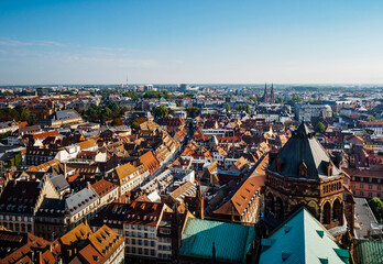 Fototapeta na wymiar Aerial view of the city of Strasbourg. Sunny day. Red tiled roofs.