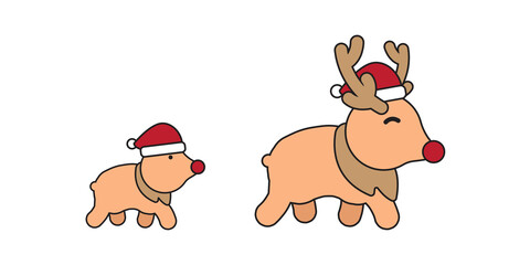 Cute Reindeer cartoon character wearing a santa hat, Vector illustration of Reindeer.	