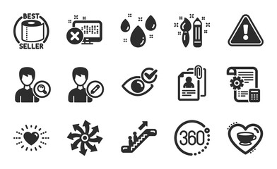 Escalator, Search people and Settings blueprint icons simple set. Toilet paper, 360 degrees and Versatile signs. Love coffee, Interview documents and Rainy weather symbols. Flat icons set. Vector