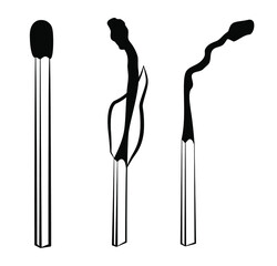 Safe matches. Stages of burning matches. Vector image, linear art, black and white image.