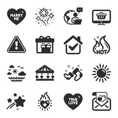 Set of Holidays icons, such as Delivery boxes, True love, Heart flame symbols. Travel sea, Sun, Love letter signs. Carousels, Santa boots, Hot sale. Web shop, Fireworks, Marry me. Vector