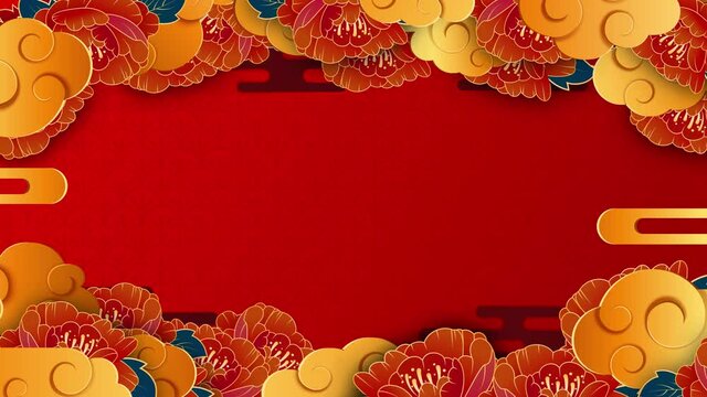 Chinese New Year,  Happy new year, Traditional lunar year background with clouds and flowers. Seamless 4K loop video animation with copy space. 