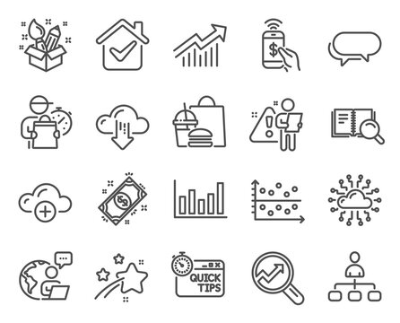 Education icons set. Included icon as Creativity, Quick tips, Cloud computing signs. Demand curve, Management, Dot plot symbols. Phone payment, Column chart, Cloud network. Analytics. Vector