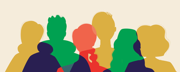 Multicultural society, silhouette isolated as a team, community, vector stock illustration with men and women of different nationality, ethnicity, gender - obrazy, fototapety, plakaty