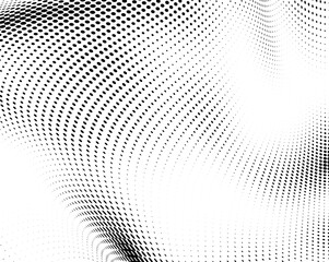 The halftone texture is monochrome. A wave of dots. Abstract black and white texture. Ink dots randomly placed on a white background. Pop art texture for printing on wrapping paper, business cards