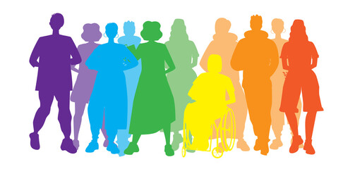 LGBTQ people isolated as homosexuals, vector stock illustration with silhouettes of gay community, disabled person in chair, inclusiveness concept