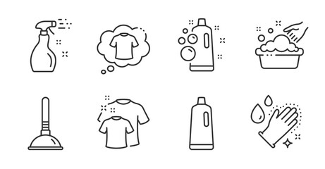 T-shirt, Clean t-shirt and Washing hands line icons set. Shampoo, Clean bubbles and Hand washing signs. Plunger, Cleaning spray symbols. Laundry shirt, Gloves, Bath cleanser. Cleaning set. Vector