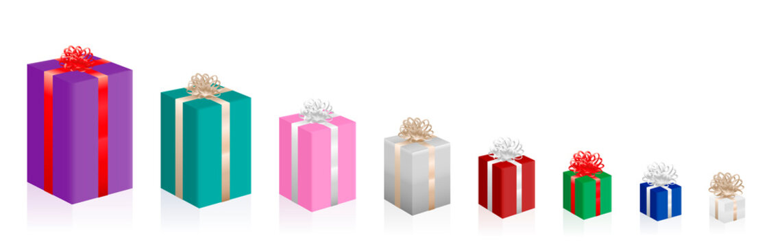 Christmas parcels getting smaller and smaller, colorful set of big and small gift packages, presents, different sizes. Isolated vector illustration on white background.
