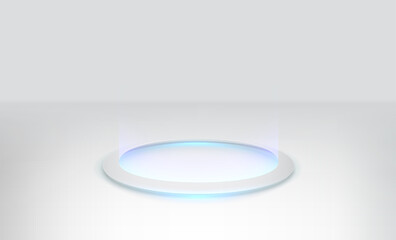 Geometric podium scene minimal, futuristic style mock up. Round glow platform on the floor in white room. Vector product presentation stage pedestal or platform. Technology gaming background.