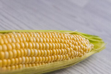 Raw and fresh corn on a white wooden table. Luminous background.