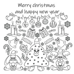 Christmas big set doodles or coloring christmas tree gifts animals candy snowflakes
