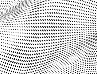 The halftone texture is monochrome. A wave of dots. Abstract black and white texture. Ink dots randomly placed on a white background. Pop art texture for printing on wrapping paper, business cards