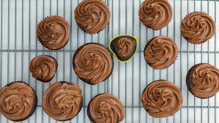 Top view of chocolate cupcakes with chocolate buttercream frosting close up on cooling rack