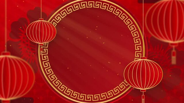 Happy Chinese New Year. Paper cut style. Chinese decorative classic festive background for holiday. Traditional lunar year background with hanging lanterns and flowers. 4K loop with copy space. 