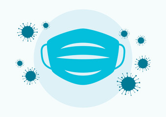 Protective face mask with virus COVID-19 vector illustration. Blue protective face mask simple graphic vector. Medical mask with flu virus silhouette icon. Protective equipment against COVID-19 vector