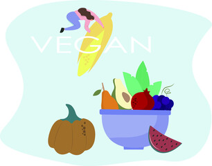 Vegan Food and Veganism.Fruit and Vegetable Basket Giant Fruits and Vegetables.Healthy Huge food.Natural Products.Vegetarianism.Flat Vector Illustration