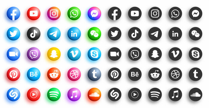 Popular Social Media Network Modern 3D Round Icons In Different Variations Set On White Background