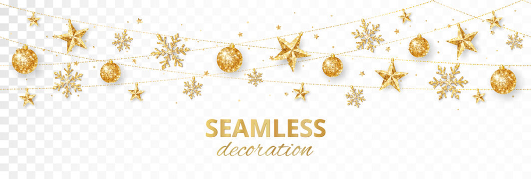 Seamless holiday decoration. Christmas golden glitter border. Festive vector background isolated on white. Gold ornaments, stars and snowflakes garland. For New Year banners, headers, party posters.
