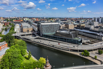 Beautiful aerial view of Stockholm Old town (Gamla Stan) from the observation deck at the City Hall (Stadshuset). Stockholm, Sweden.
