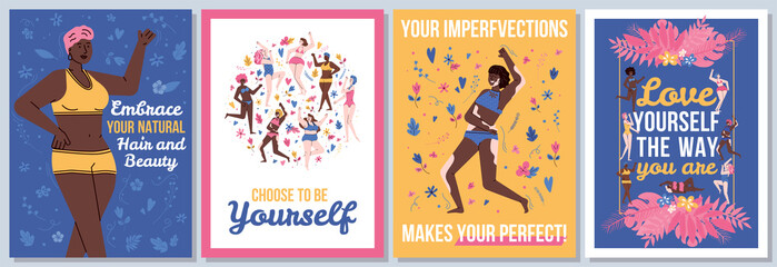 Fototapeta na wymiar Body positive topic banners set with motivational slogans and cartoon women, flat vector illustration. Body self acceptance and natural beauty movement cards.