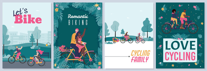 Banners with cartoon couples on a bike ride, flat vector illustrations on bright background. Cycling and activity cards or posters collection with men and women cyclists. © Kudryavtsev