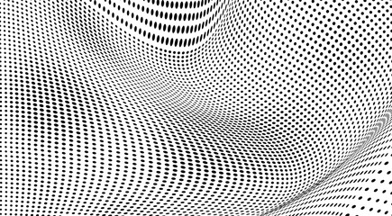 The halftone texture is monochrome. A wave of dots. Abstract black and white texture. Ink dots randomly placed on a white background. Pop art texture for printing on wrapping paper, business cards